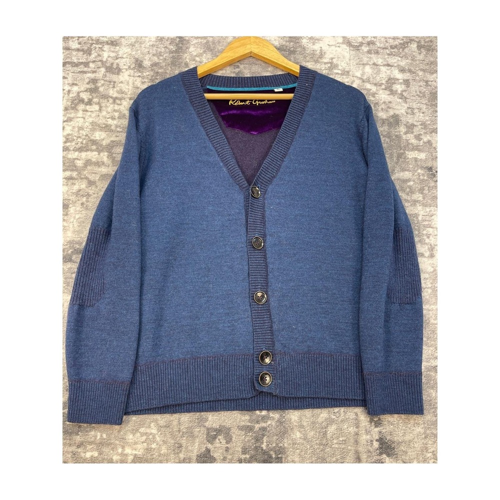 Vtg Robert Graham Men L Cardigan Sweater Heathered Wool V-Neck Grandpacore